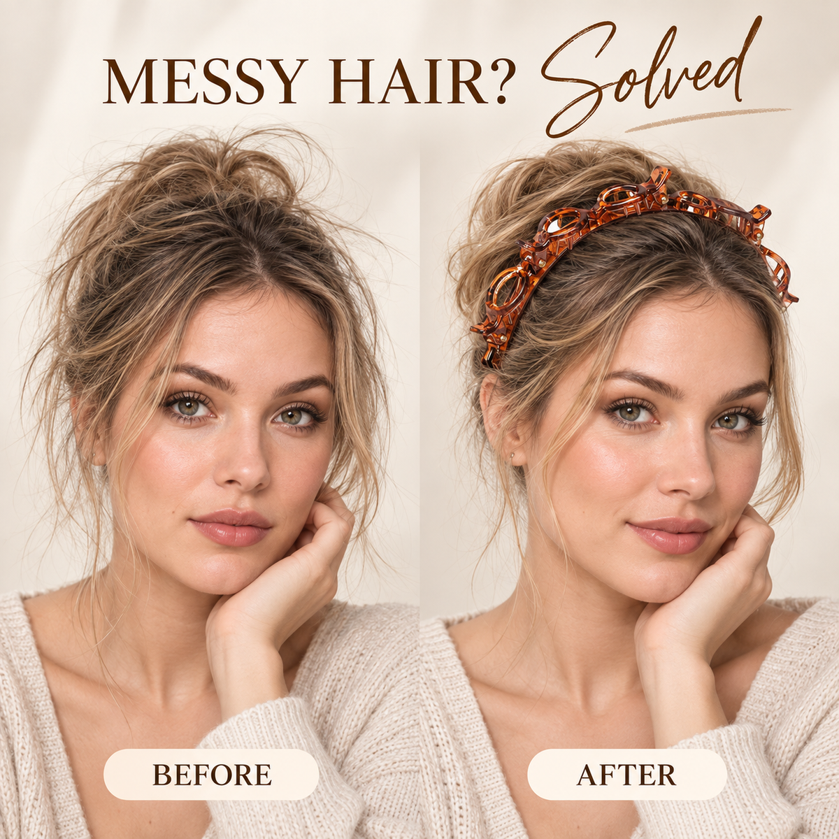 2Pcs Women Headband with Clips Double Layer Design Anti-slip Hairband Bang Braided Hair