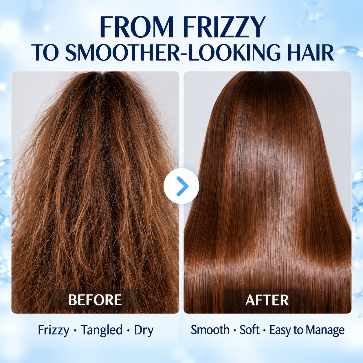 Frizzy hair before and smoother-looking hair after