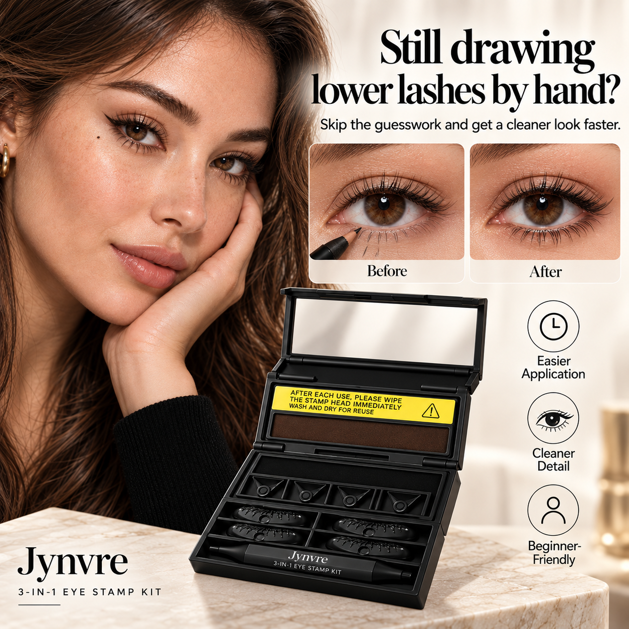 Comparison showing hand-drawn lower lashes versus a cleaner stamped lower-lash result