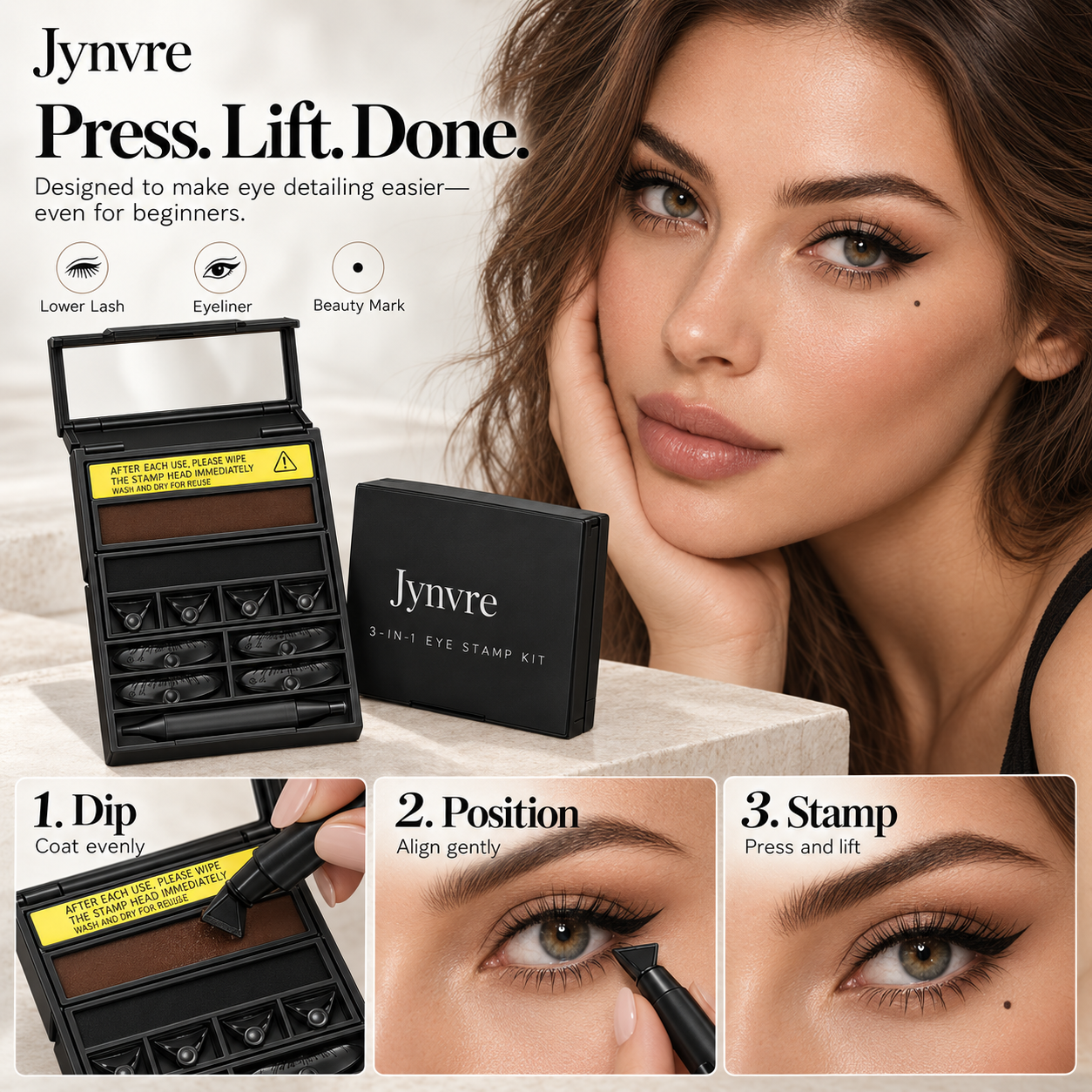 Three-step Jynvre eye stamp application process