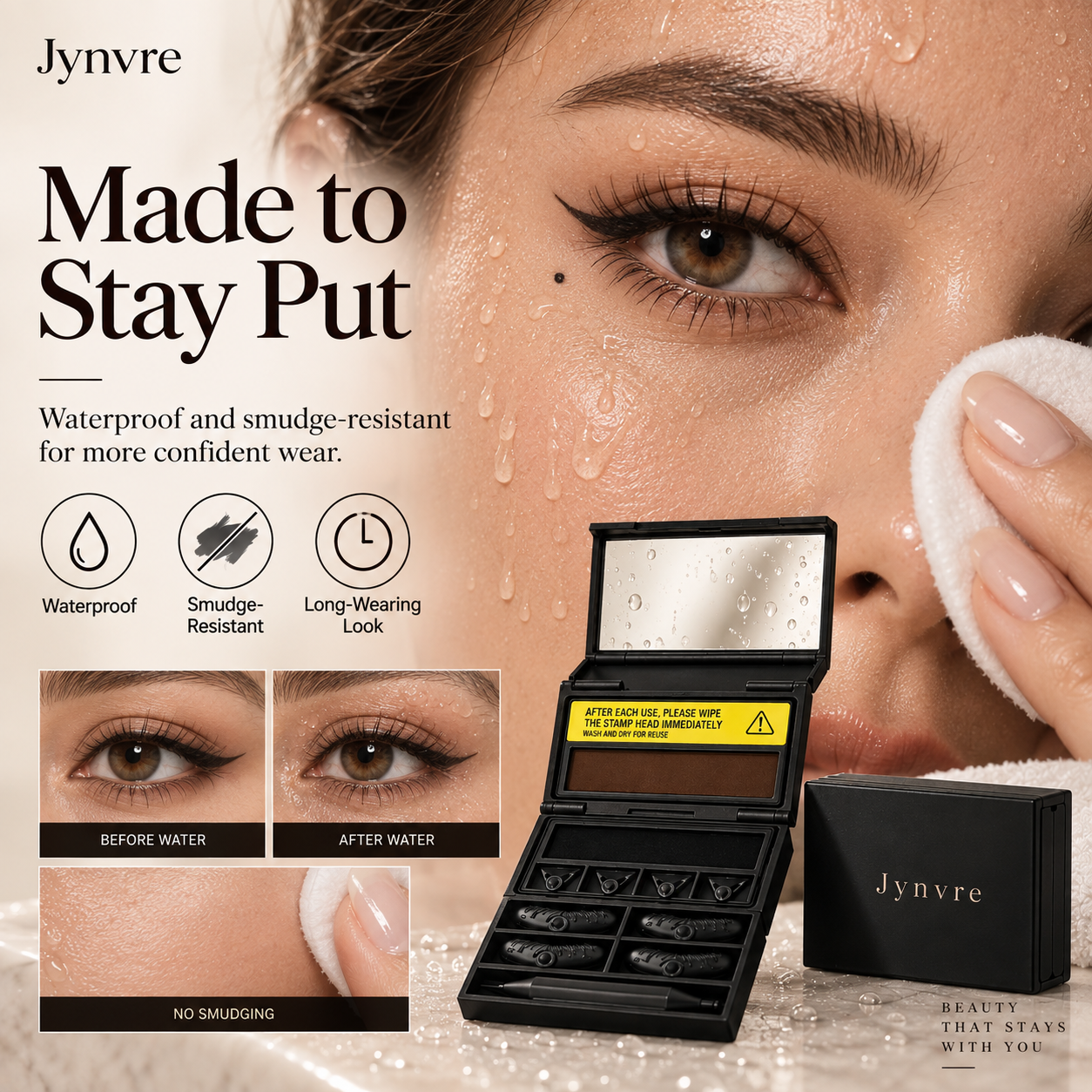 Close-up waterproof and smudge-resistant Jynvre eye makeup performance demonstration