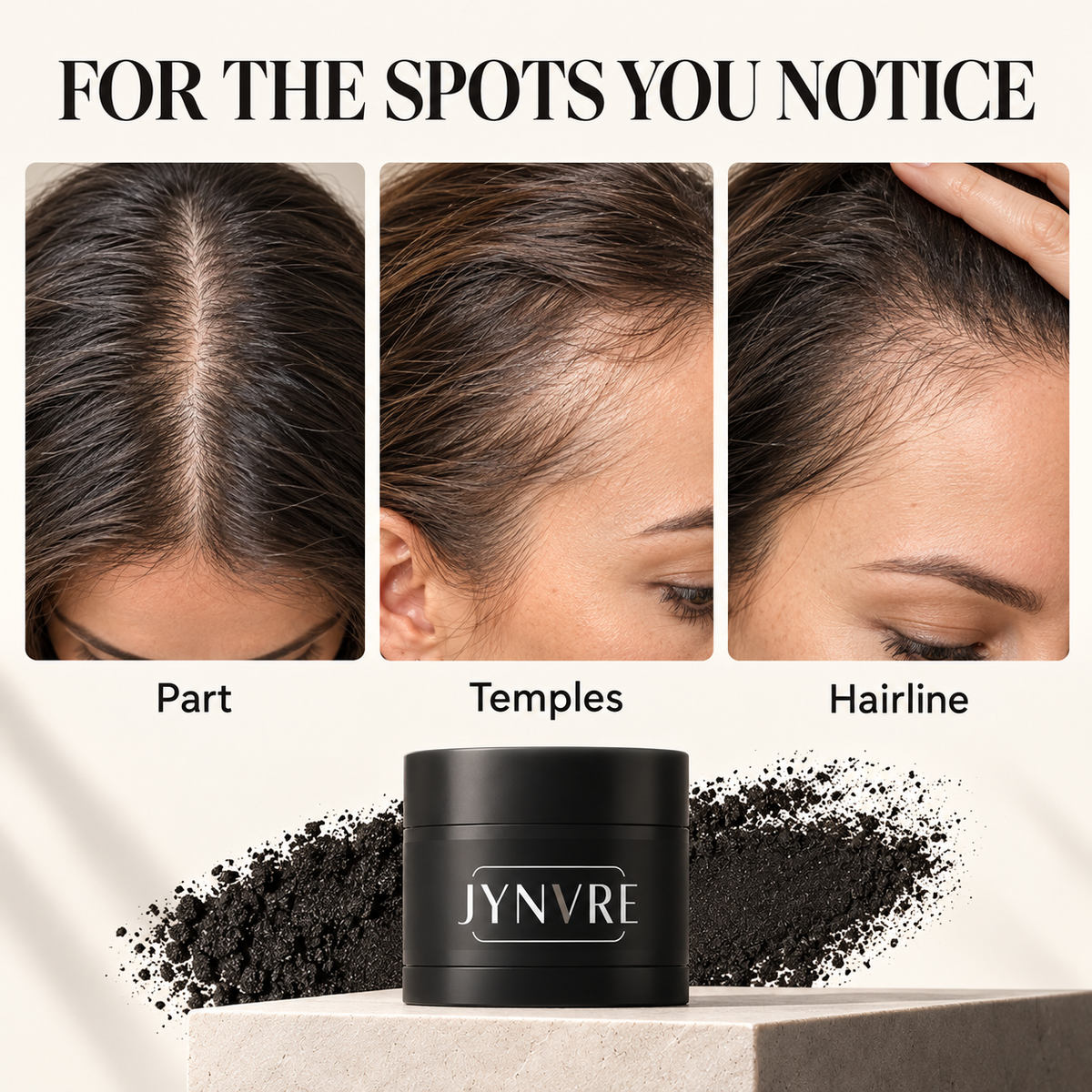 Examples of applying root touch-up powder to the part, temples, and hairline