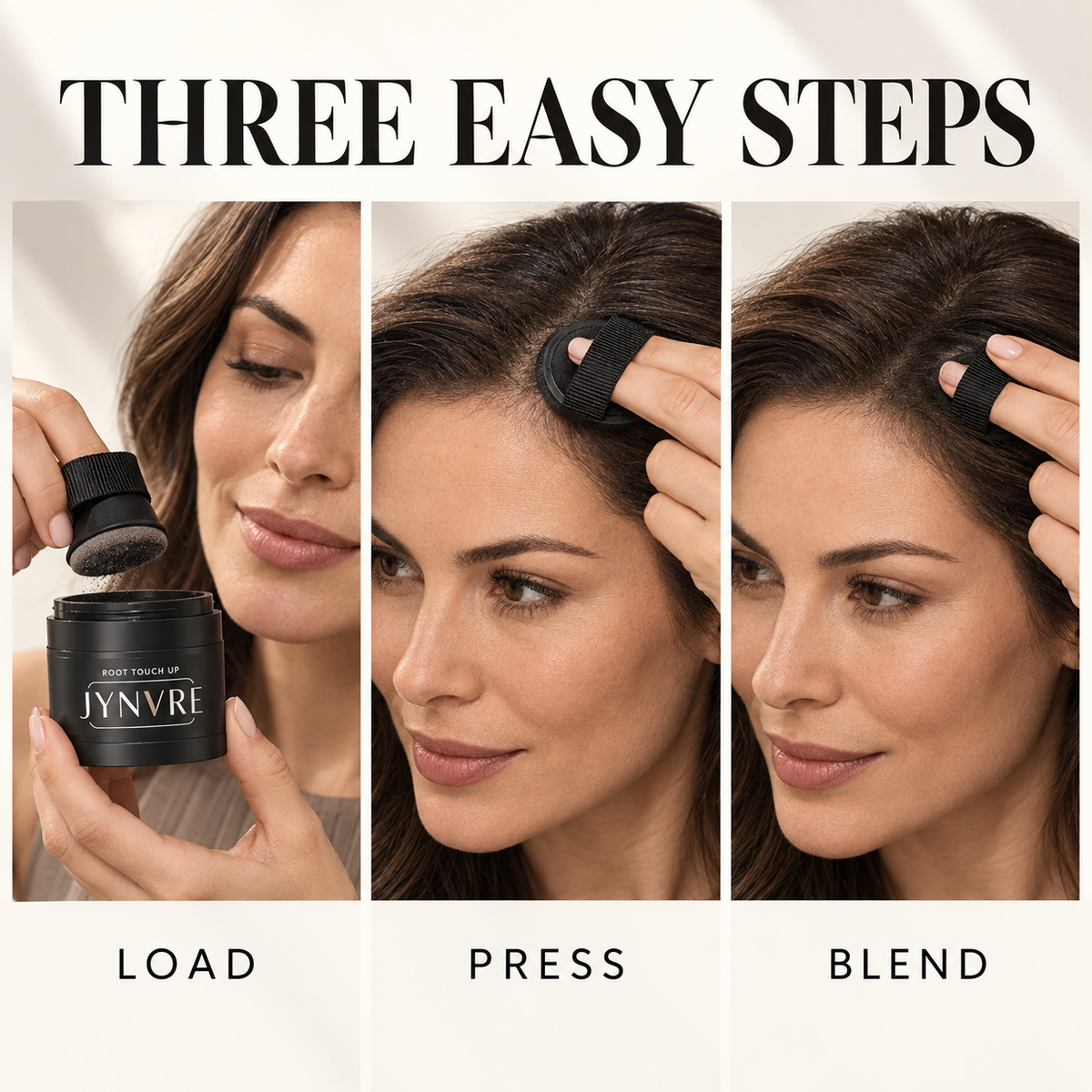 Three steps showing how to load the puff, press at the roots, and blend with fingers