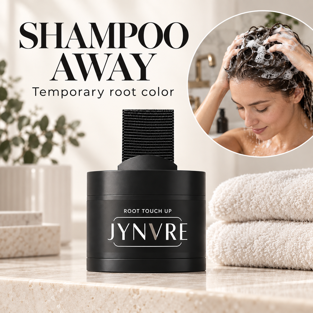 JYNVRE root touch-up powder shown beside an image of hair being shampooed