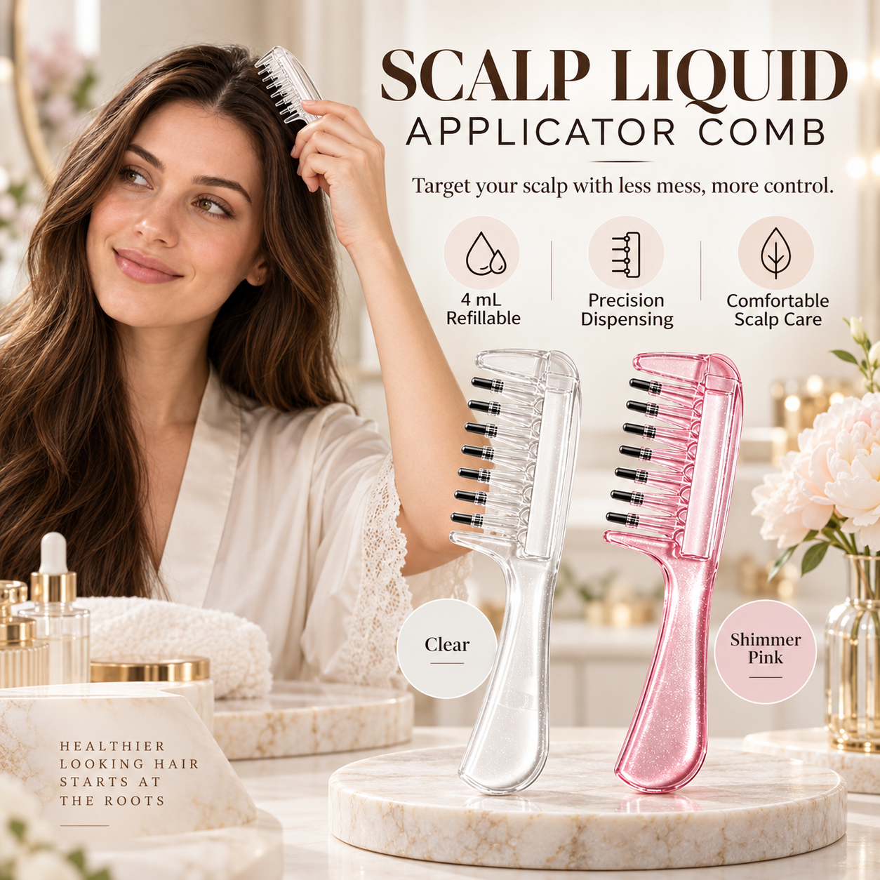 Clear and Shimmer Pink scalp liquid applicator comb